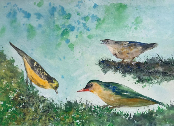 Playful Birds (ART-8841-117950) - Handpainted Art Painting - 15in X 11in