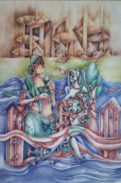 Fishing Women (ART-17761-118003) - Handpainted Art Painting - 11in X 16in