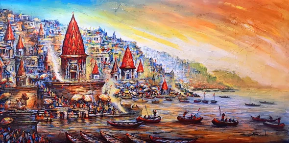 Aura Of Nandi: Golden Varanasi Ghats Of Fortune (ART-7456-117972) - Handpainted Art Painting - 72in X 36in