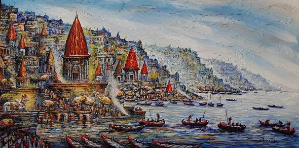 Aura Of Nandi: Golden Varanasi Ghats Of Fortune (ART-7456-117972) - Handpainted Art Painting - 72in X 36in