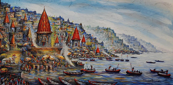 Aura Of Nandi: Golden Varanasi Ghats Of Fortune (ART-7456-117972) - Handpainted Art Painting - 72in X 36in