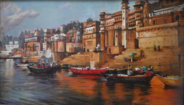 Varanasi Ghat (ART-16674-117982) - Handpainted Art Painting - 48in X 24in