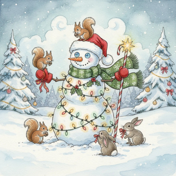 Snowman’s Woodland Christmas Celebration Watercolor Art (PRT-8429-117963) - Canvas Art Print - 18in X 18in