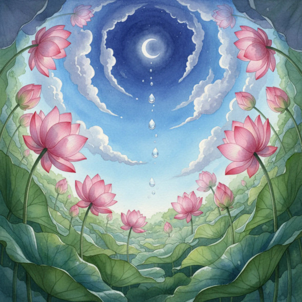Celestial Lotus Dreamscape – Watercolor Night Blossom Fantasy Art (PRT-8429-118025) - Canvas Art Print - 24in X 24in