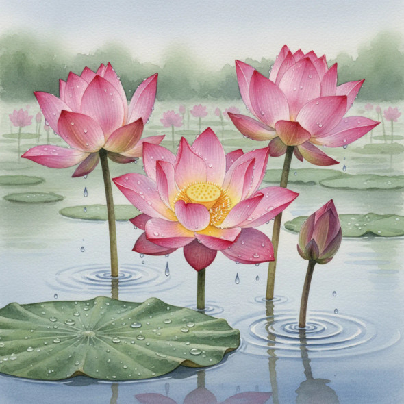 Morning Dew Lotus Harmony – Serene Watercolor Pond Blossoms (PRT-8429-118026) - Canvas Art Print - 24in X 24in