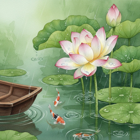 Rainy Pond Serenity – Watercolor Lotus & Koi Harmony (PRT-8429-118027) - Canvas Art Print - 24in X 24in