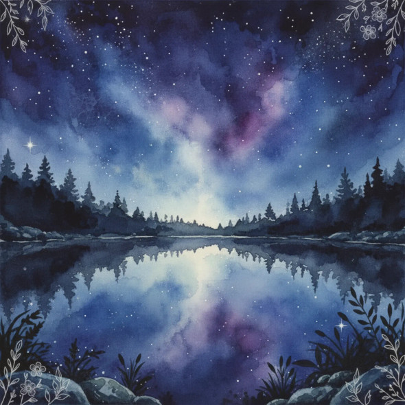 Starlit Reflections On The Midnight Lake (PRT-8429-117926) - Canvas Art Print - 24in X 24in