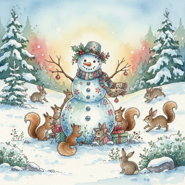 Enchanted Woodland Snowman Celebration (PRT-8429-117944) - Canvas Art Print - 24in X 24in