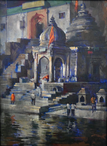 Ghat Temple (ART-16674-117984) - Handpainted Art Painting - 18in X 24in