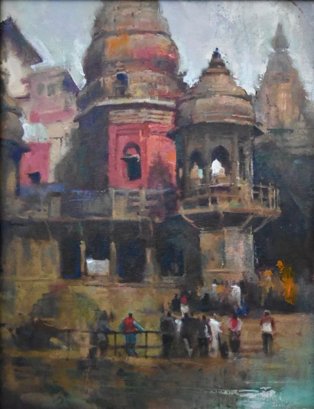 Varanasi Ghat (ART-16674-117993) - Handpainted Art Painting - 12in X 16in