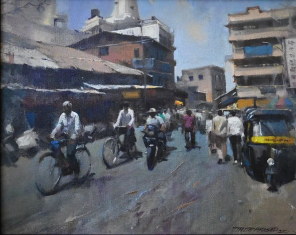 Indian Street (ART-16674-117996) - Handpainted Art Painting - 16in X 12in