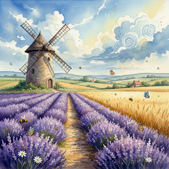 “Lavender Breeze Horizon – Countryside Windmill Watercolor Escape (PRT-8429-118047) - Canvas Art Print - 24in X 24in