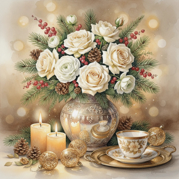 Golden Winter Roses – Elegant Holiday Watercolor Floral Still Life (PRT-8429-118036) - Canvas Art Print - 24in X 24in