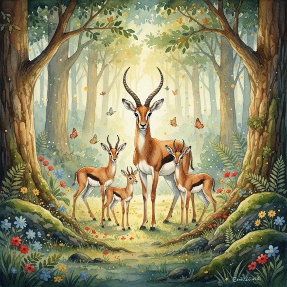Graceful Meadow Guardians – Woodland Gazelle Family Watercolor Art (PRT-8429-118043) - Canvas Art Print - 24in X 24in