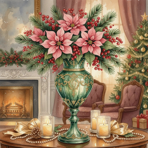 Festive Hearth Elegance – Poinsettia Bouquet In An Ornate Emerald Vase (PRT-8429-118076) - Canvas Art Print - 24in X 24in