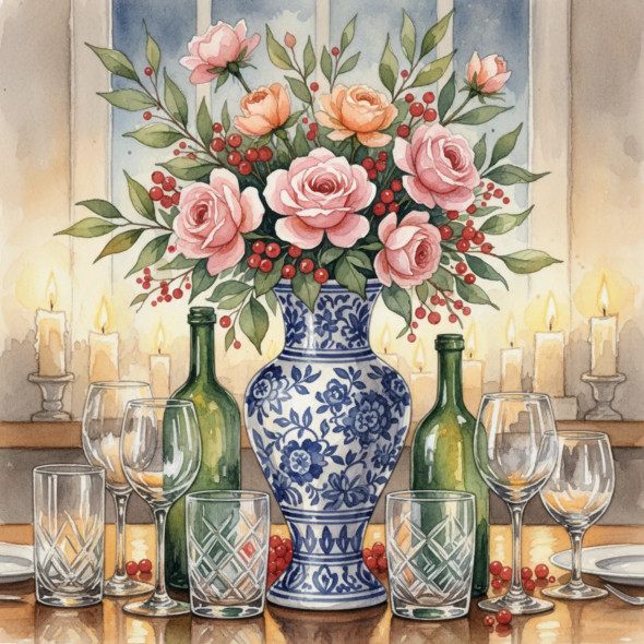 Candlelit Rose Symphony – Elegant Floral Still Life In Blue Porcelain (PRT-8429-118073) - Canvas Art Print - 24in X 24in