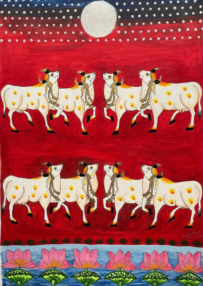 Cows Under The Full Moon : A Tribute To Krishna (PRT-17993-118063) - Canvas Art Print - 13in X 18in