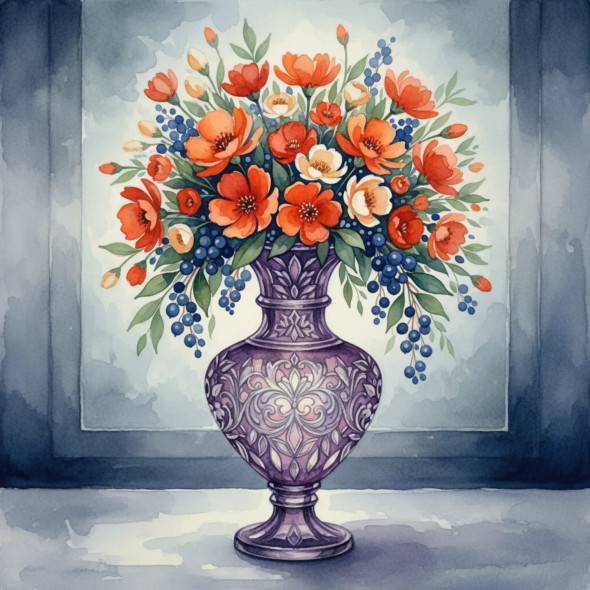Crimson Bloom Elegance – Floral Harmony In A Purple Ornate Vase (PRT-8429-118074) - Canvas Art Print - 24in X 24in