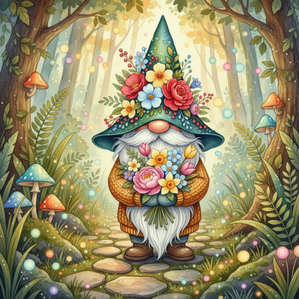 Enchanted Woodland Gnome – Magical Christmas Forest Watercolor Art (PRT-8429-118041) - Canvas Art Print - 24in X 24in