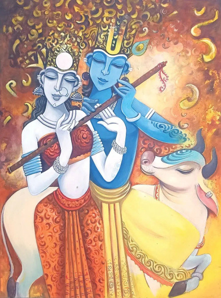 Learning The Flute” (ART-17224-117999) - Handpainted Art Painting - 48in X 36in