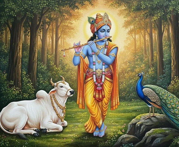 "Krishna With Nandi And Peacock Acrylic Painting" (ART-3319-118098) - Handpainted Art Painting - 36in X 30in