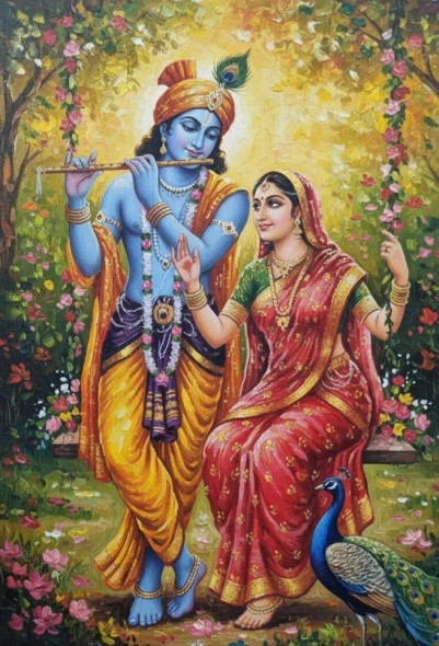 "Radha Krishna Jhula (Swing) Painting Handmade" (ART-3319-118095) - Handpainted Art Painting - 36in X 48in