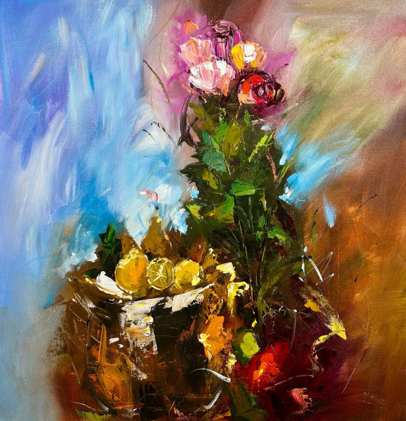 Abstract Floral Still Life Painting – Textured Modern Wall Art (ART-16885-118112) - Handpainted Art Painting - 30in X 30in