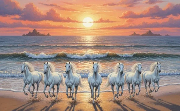 7 Running Horses Vastu (ART-3319-118116) - Handpainted Art Painting - 36in X 24in