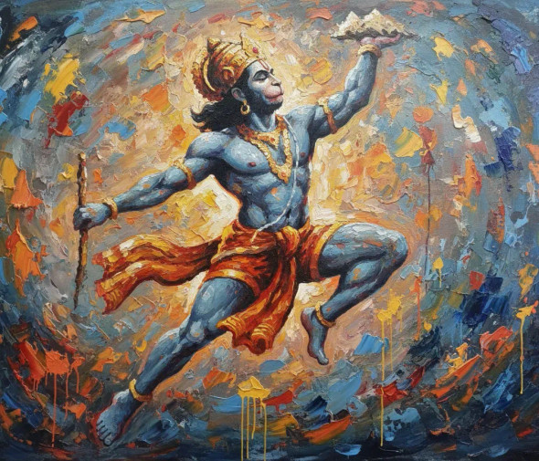 "Textured Lord Hanuman Sanjeevani Mountain Impasto Painting" (ART-3319-118101) - Handpainted Art Painting - 36in X 30in