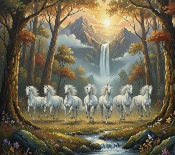 7 Running Horses Vastu (ART-3319-118117) - Handpainted Art Painting - 36in X 30in