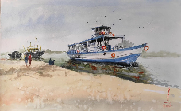 Boat (ART-7901-117726) - Handpainted Art Painting - 22in X 14in