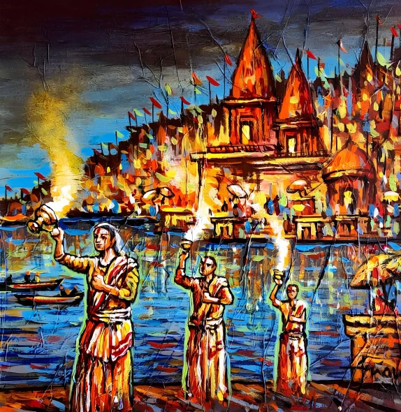 Dharma’s Radiance: The Sacred Ghats Of Kashi (ART-7456-118302) - Handpainted Art Painting - 12in X 12in