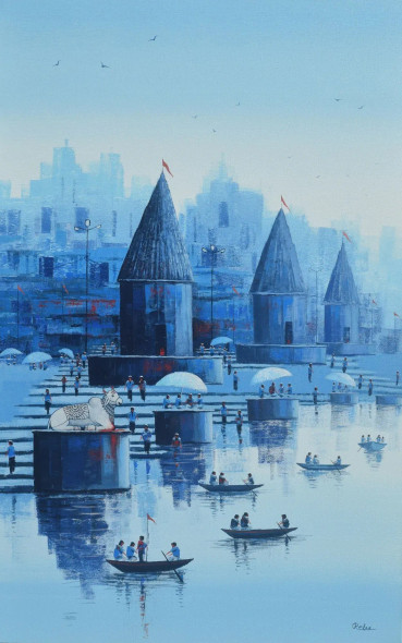 Nandi On Banaras Ghat (ART-7775-118271) - Handpainted Art Painting - 30in X 48in