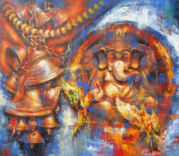 GANESHA WITH BLLES (ART-17072-118213) - Handpainted Art Painting - 40in X 46in