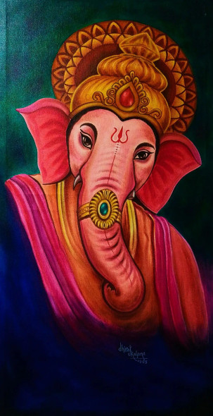 Lord Ganesha (ART-17787-118205) - Handpainted Art Painting - 17in X 33in