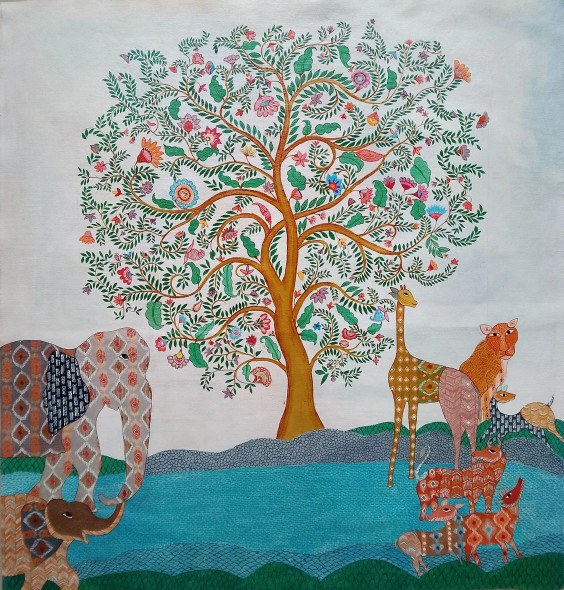"Life In Green" Gond Painting (ART-17469-118249) - Handpainted Art Painting - 20in X 25in