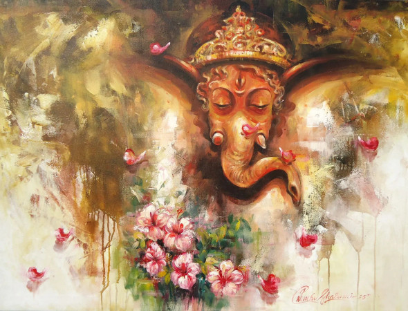 GANESHA (ART-17072-118214) - Handpainted Art Painting - 48in X 36in