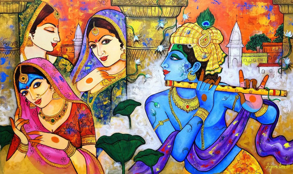 KRISHNA'S DIVINE MUSIC (ART-82-118174) - Handpainted Art Painting - 60in X 36in