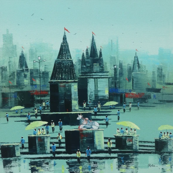 Nandi On Banaras Ghat (ART-7775-118267) - Handpainted Art Painting - 24in X 24in