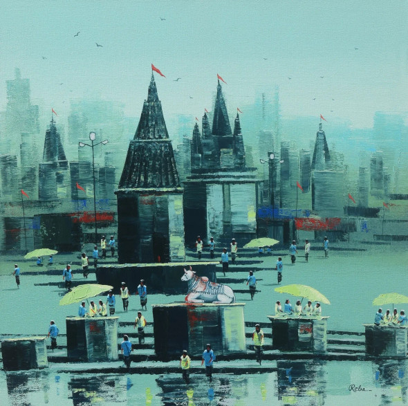 Nandi On Banaras Ghat (ART-7775-118267) - Handpainted Art Painting - 24in X 24in