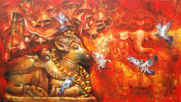 NANDI WITH GANESHA (ART-17072-118208) - Handpainted Art Painting - 84in X 48in