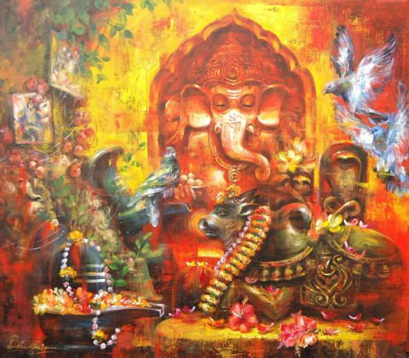 NANDI WITH GANESHA (ART-17072-118209) - Handpainted Art Painting - 40in X 46in