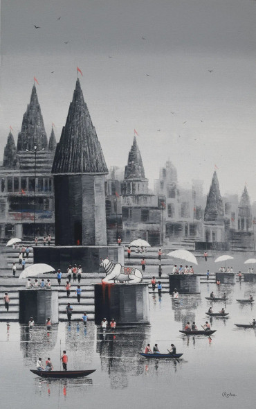 Nandi On Banaras Ghat (ART-7775-118270) - Handpainted Art Painting - 30in X 48in