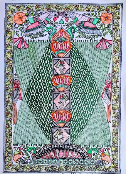 Bamboo Structure Madhubani Painting By Artistic Dreamrealm (ART-17998-118443) - Handpainted Art Painting - 11in X 16in