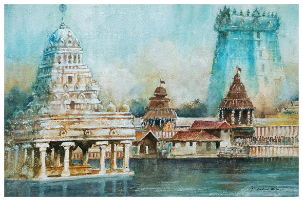 SUCHINDRAM TEMPLE TANK (ART-662-118386) - Handpainted Art Painting - 17in X 11in