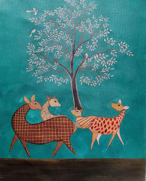 "Hum Do Hamare Do" (ART-17469-118255) - Handpainted Art Painting - 15in X 22in