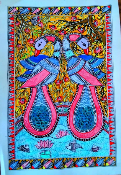Couple Peacock Madhubani Painting By Artistic Dreamzone (ART-17998-118429) - Handpainted Art Painting - 8in X 11in