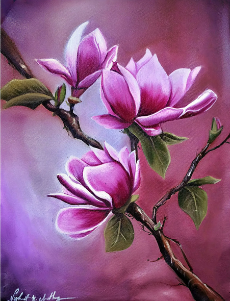 Pink Magnolia (ART-17843-118366) - Handpainted Art Painting - 12in X 16in