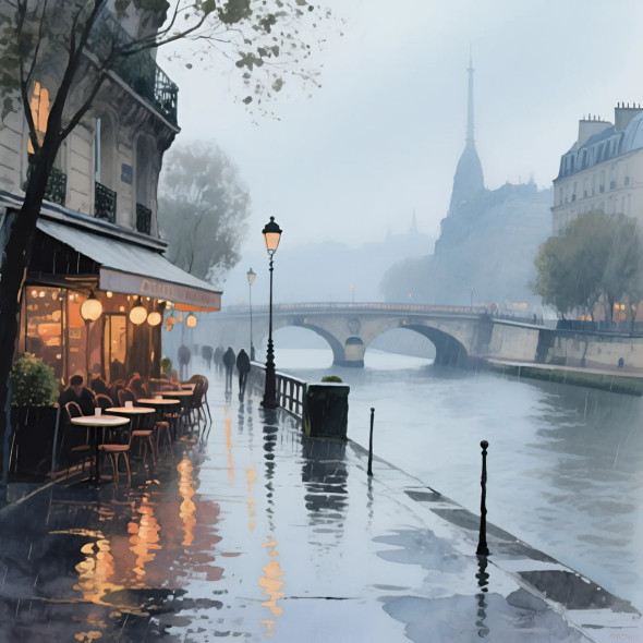 Rainlit Evenings By The Riverside Café (PRT-8429-118238) - Canvas Art Print - 24in X 24in