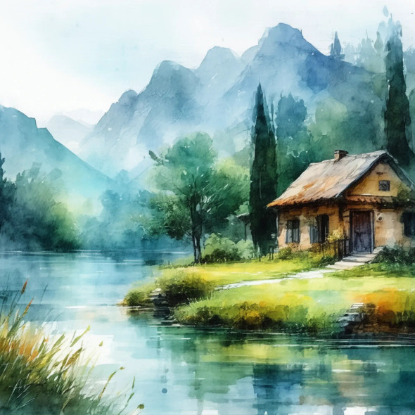 Stillness By The Mountain Lake (PRT-8429-118227) - Canvas Art Print - 18in X 18in